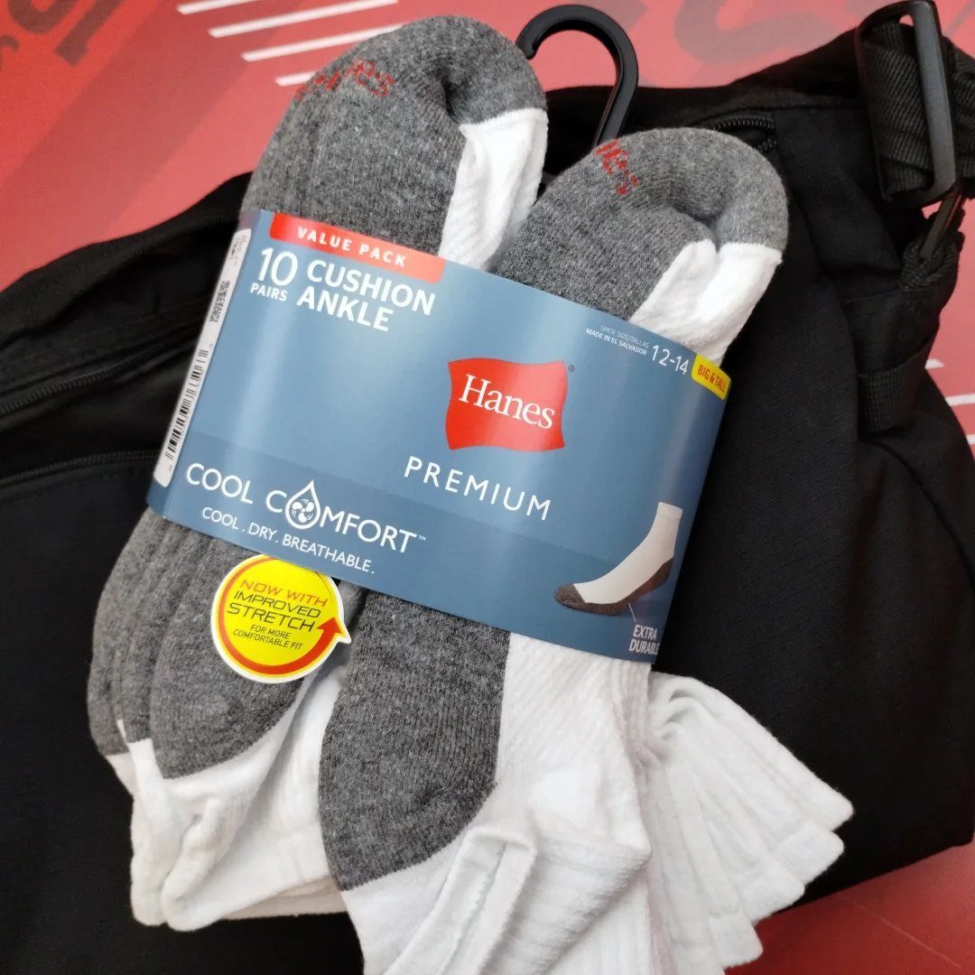 Hanes cushion ankle socks in grey and white wrapped in blue packaging.
