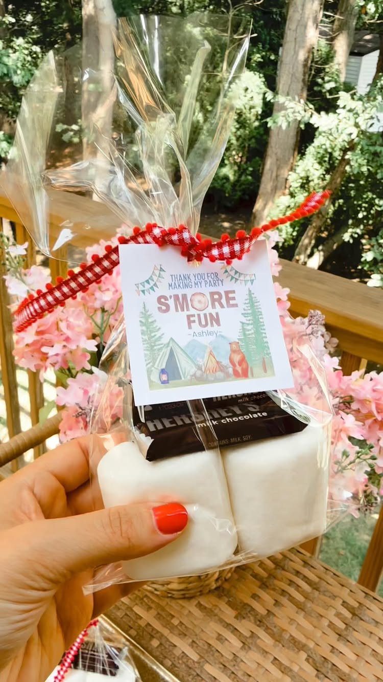 S'mores gift bag with marshmallows, chocolate, and a camping themed tag.