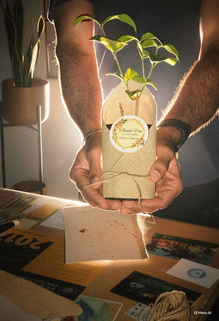 Hands holding a small green potted plant wrapped in burlap with a label.