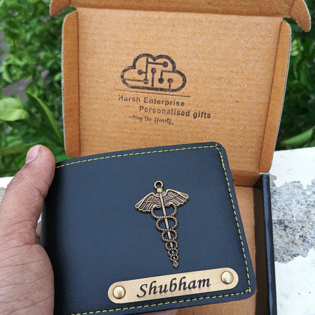 Black leather wallet with medical symbol and personalized name in a gift box
