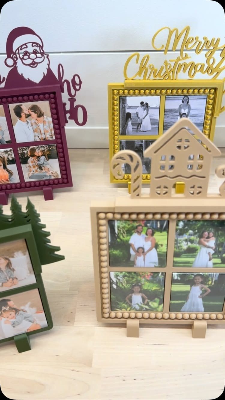 Holiday-themed photo frames in burgundy, yellow, and beige containing family and couple photographs.