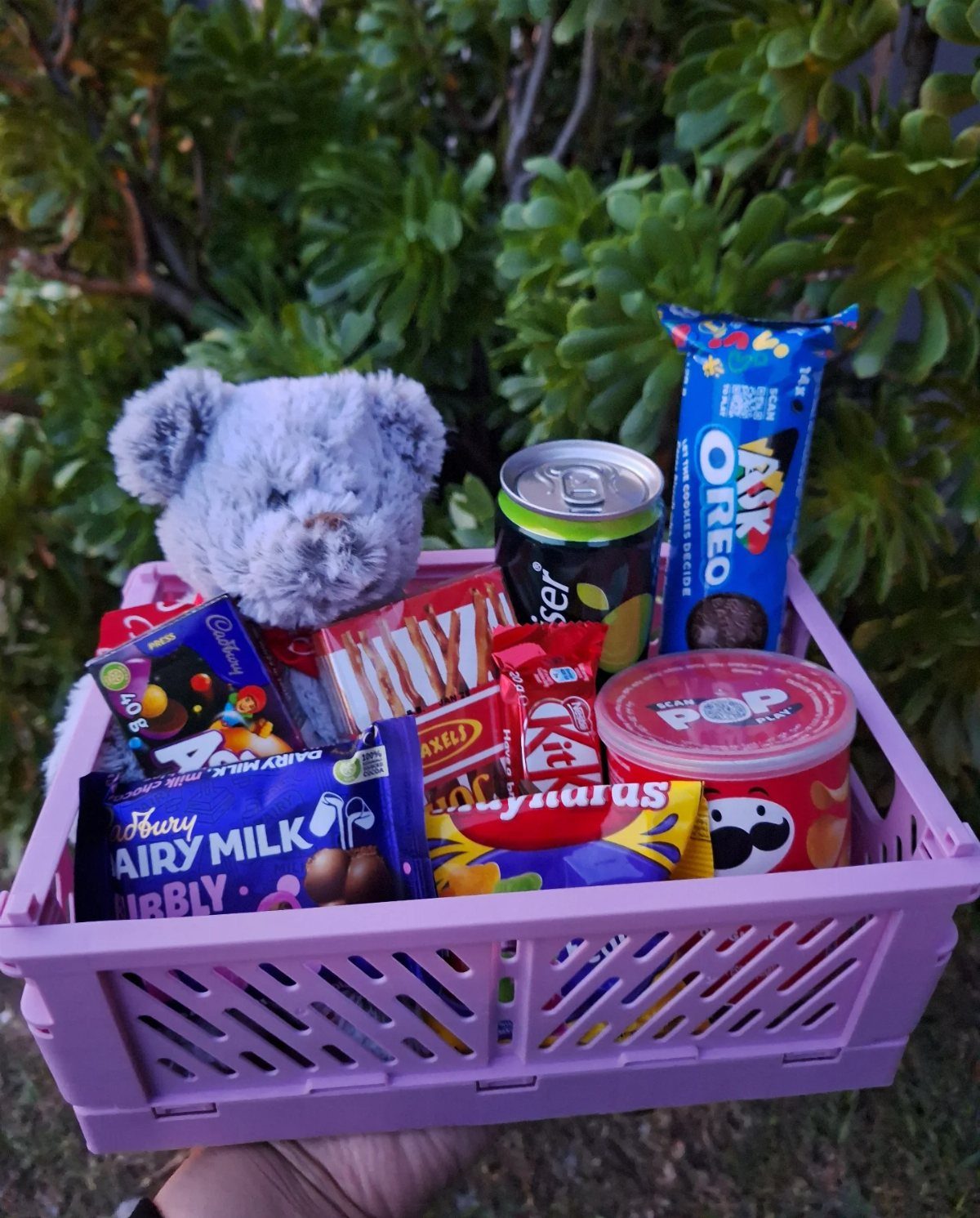 Purple gift basket filled with assorted chocolates, cookies, and a grey teddy bear.