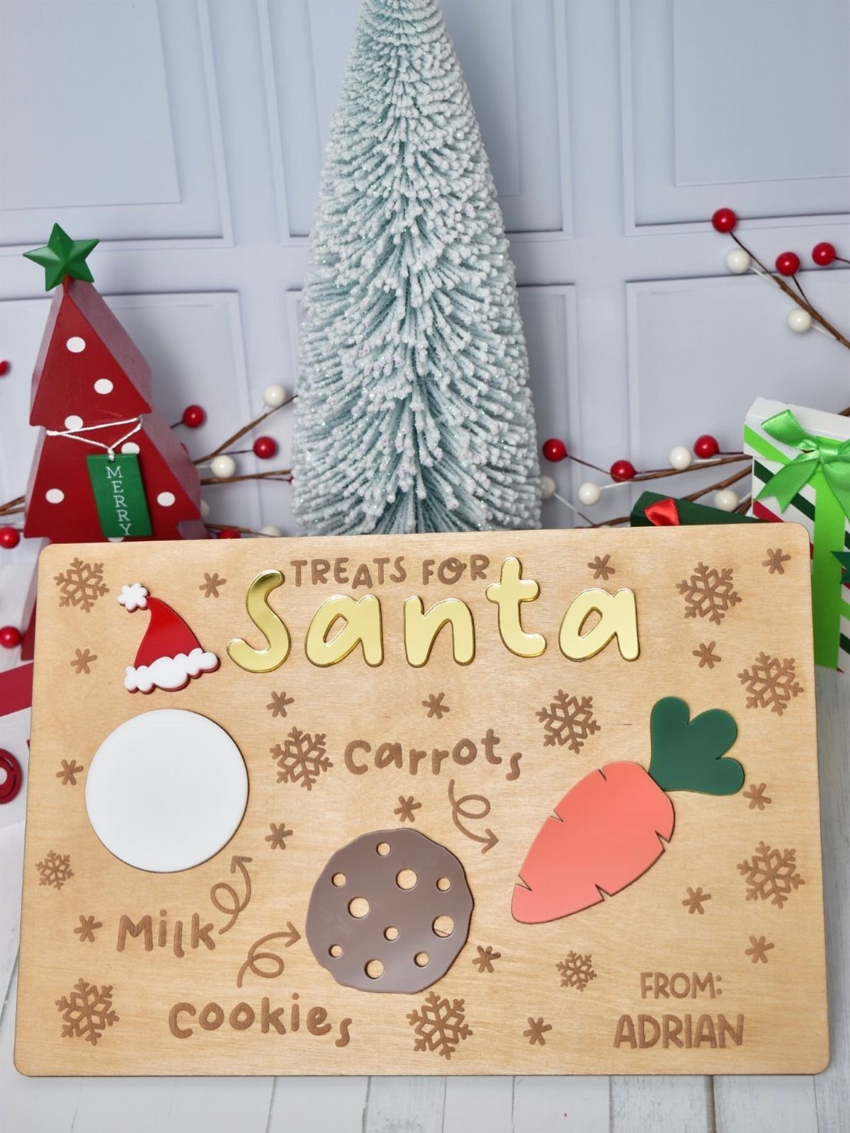 Wooden personalized Santa treat tray with sections for milk, cookies, and carrots.