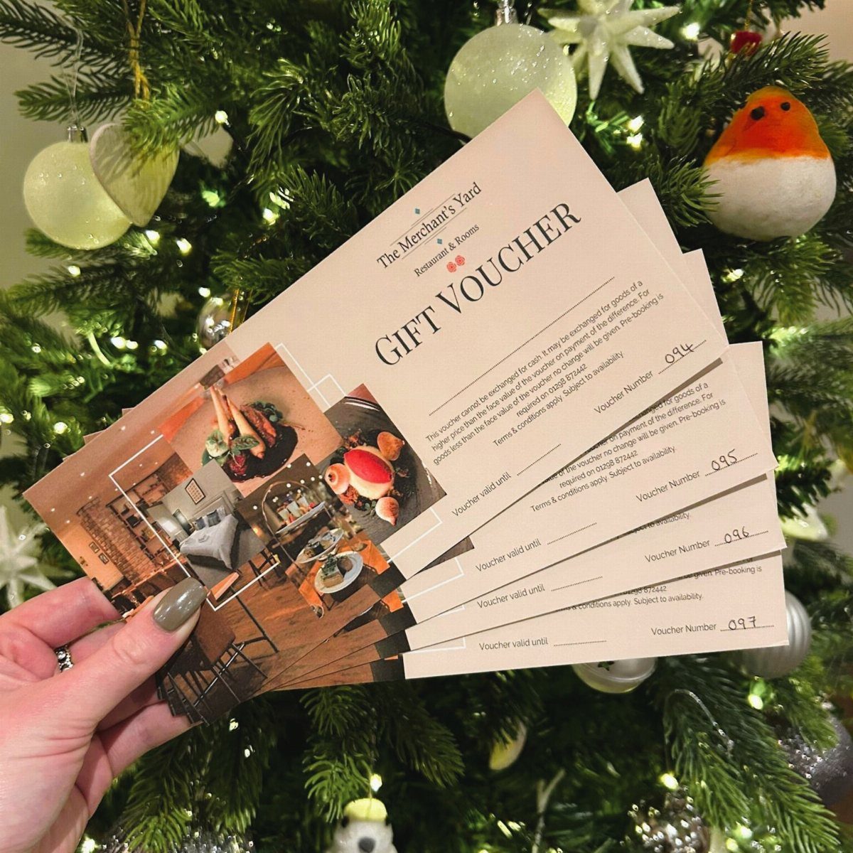 Gift voucher held in front of a decorated Christmas tree with warm lights.
