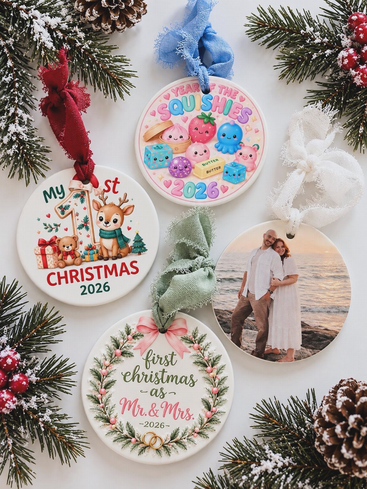 Four personalized ceramic Christmas ornaments with photos and text among pine branches.