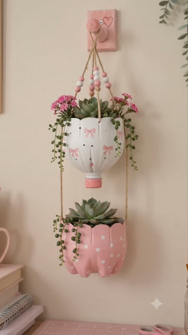 Hot air balloon shaped planters with succulents hanging from a pink wall mount.