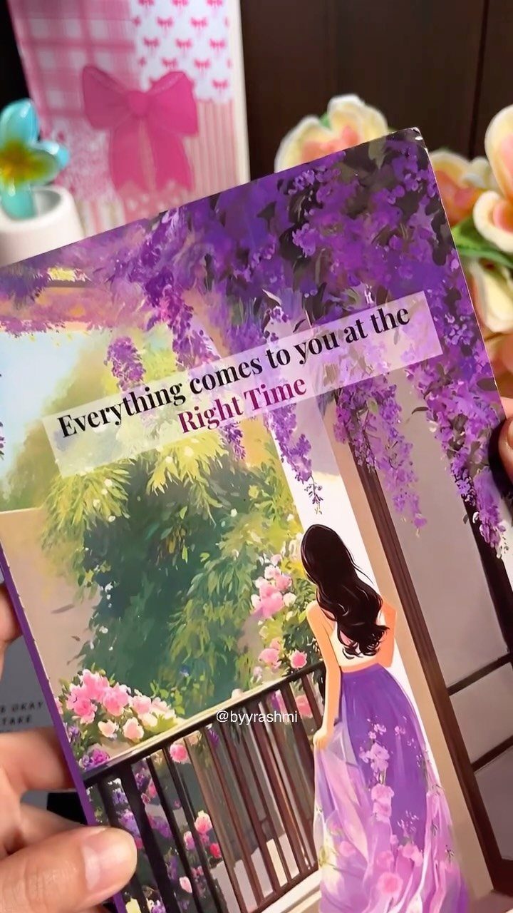 Printed card with an illustration of a woman under purple wisteria flowers