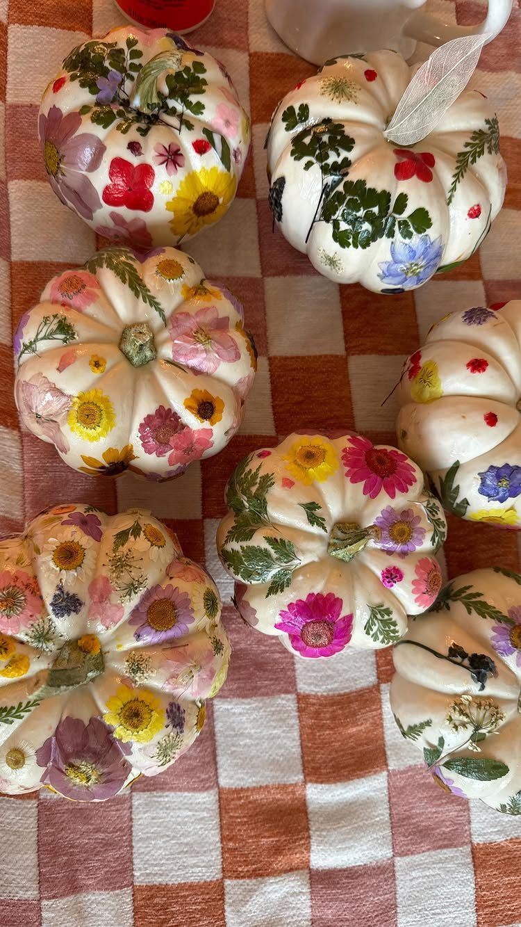 White pumpkins decorated with colorful pressed dried flowers on a checkered tablecloth