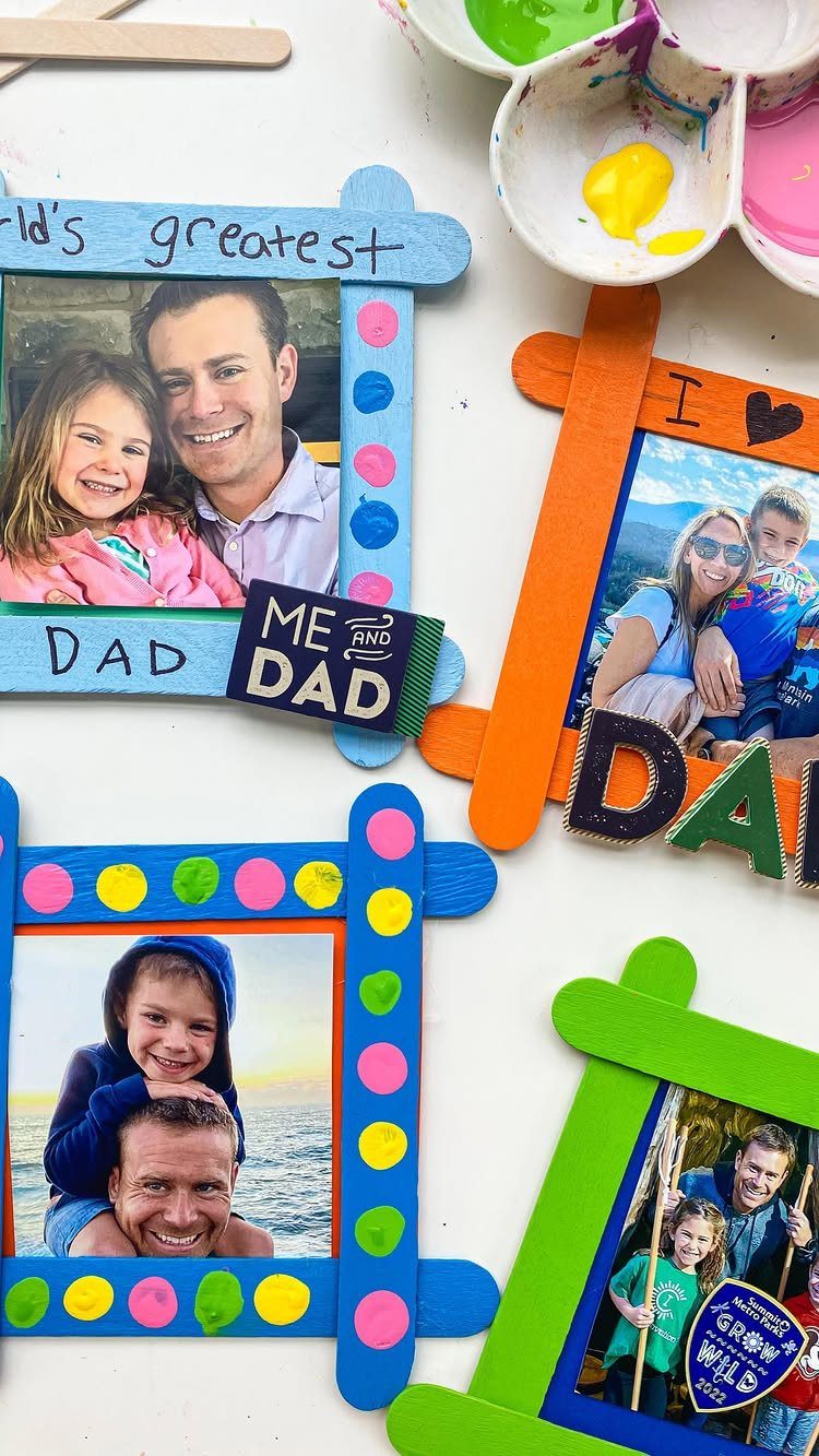 Handmade popsicle stick photo frames with colorful dots and Father's Day messages.