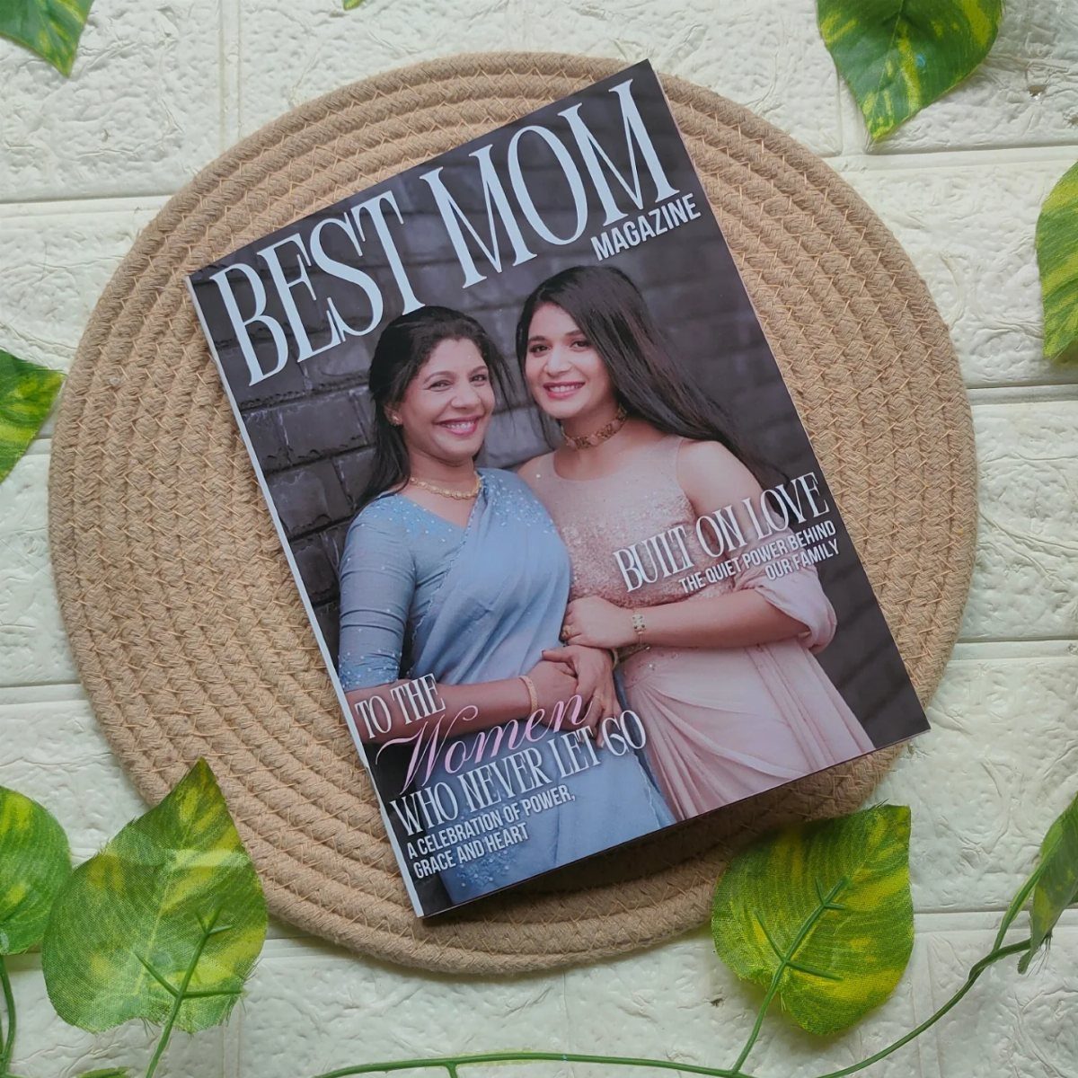 Custom Best Mom magazine cover featuring a mother and daughter on a jute mat
