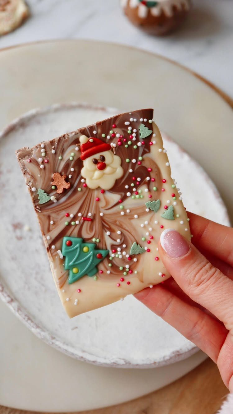 Marbled chocolate bark with Santa and Christmas tree decorations held by a hand.