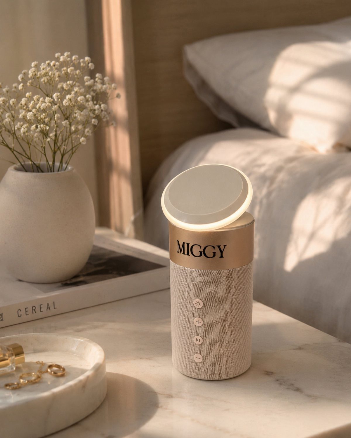 Beige cylindrical speaker with gold band and glowing top on marble table