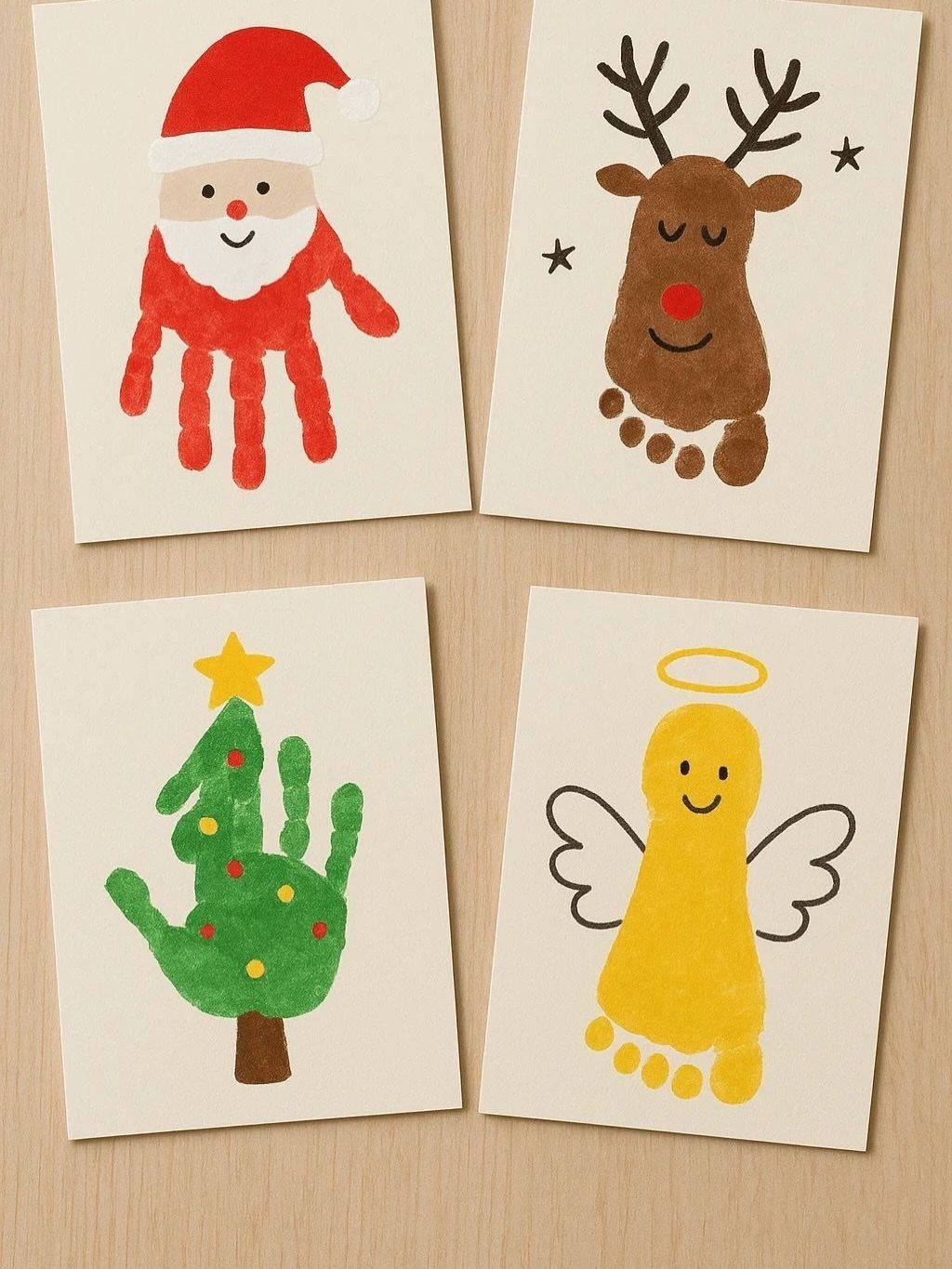 Four children's paint print cards featuring Santa, a reindeer, a tree, and an angel.