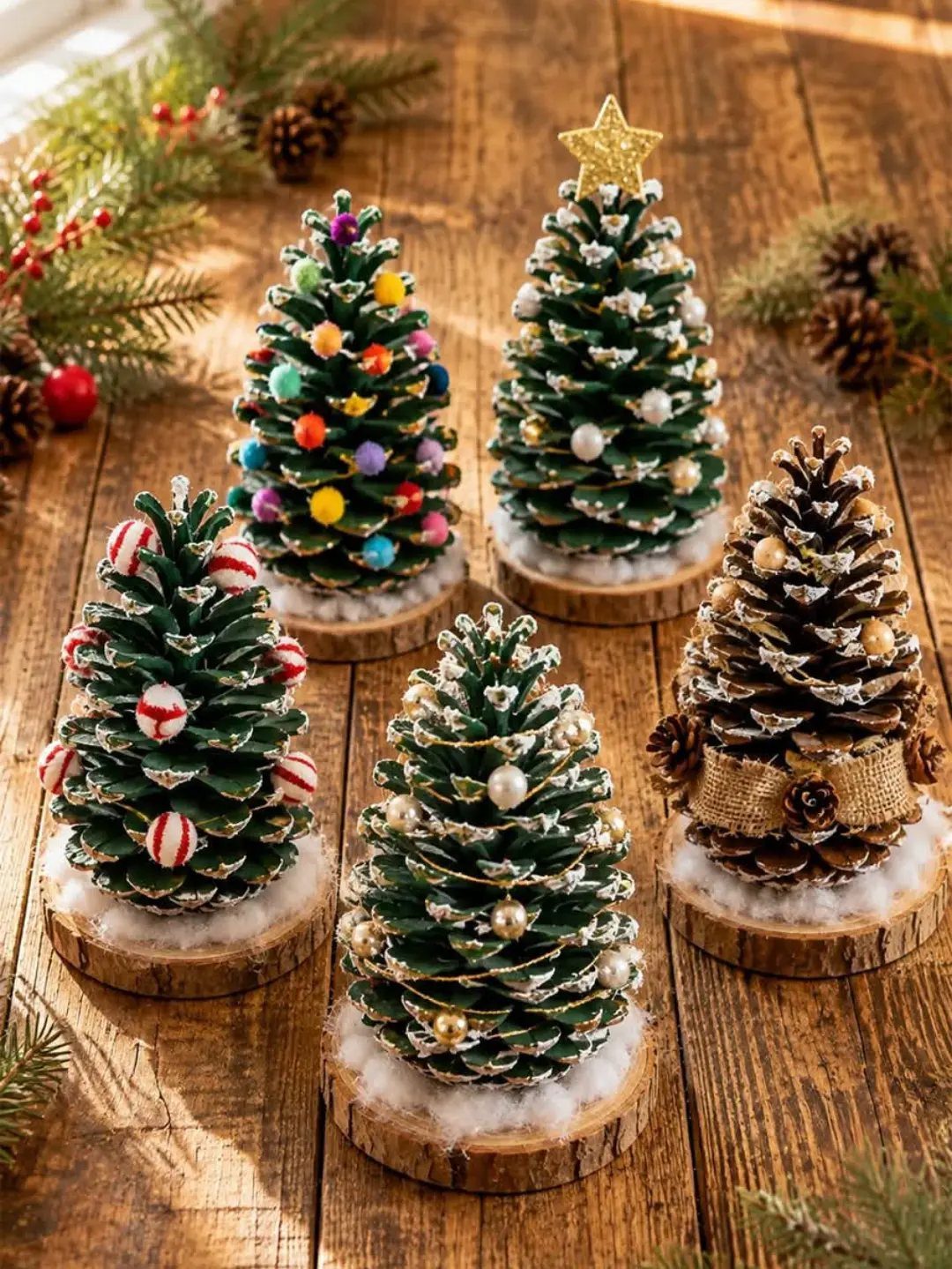 Decorated pinecone Christmas trees with colorful ornaments on rustic wooden slices.