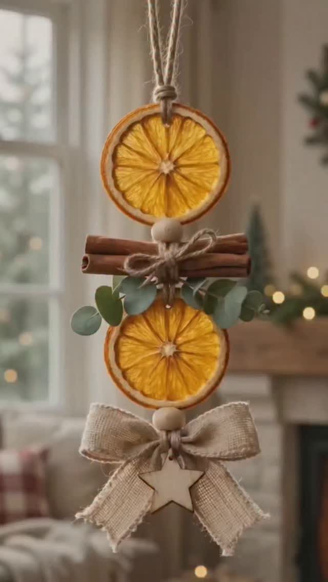 Dried orange slices and cinnamon sticks hanging as a rustic Christmas ornament.