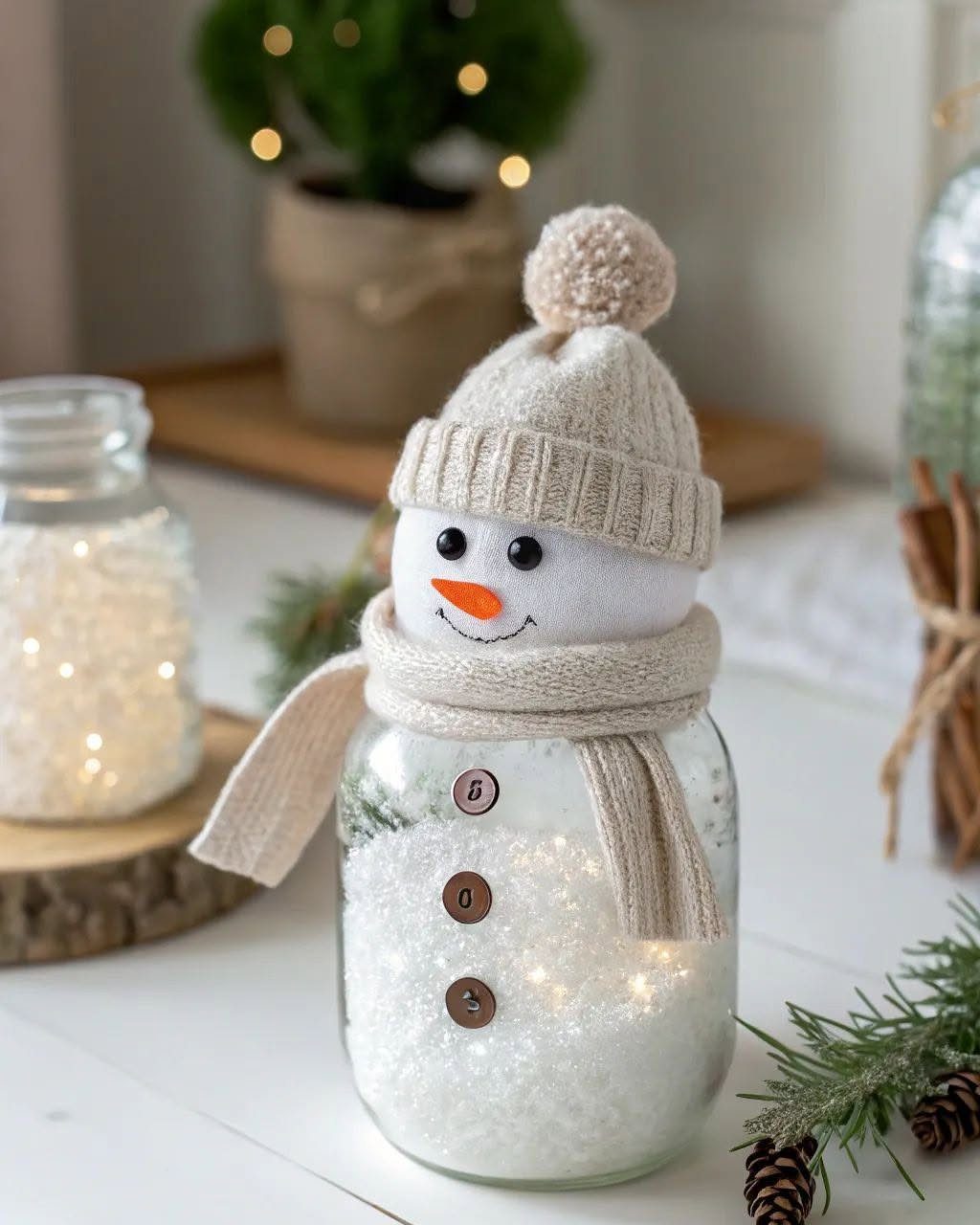 Snowman themed glass jar filled with white snow and twinkling fairy lights
