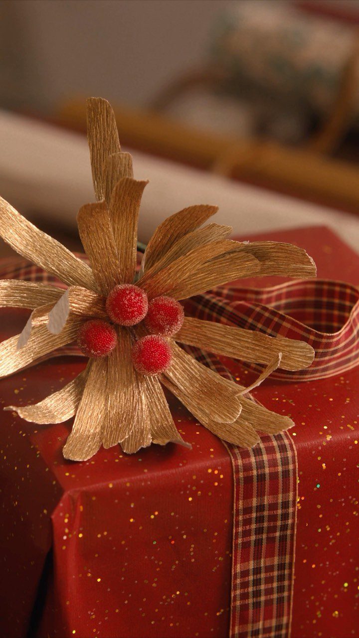 Red glittery wrapped gift with plaid ribbon and gold berry bow