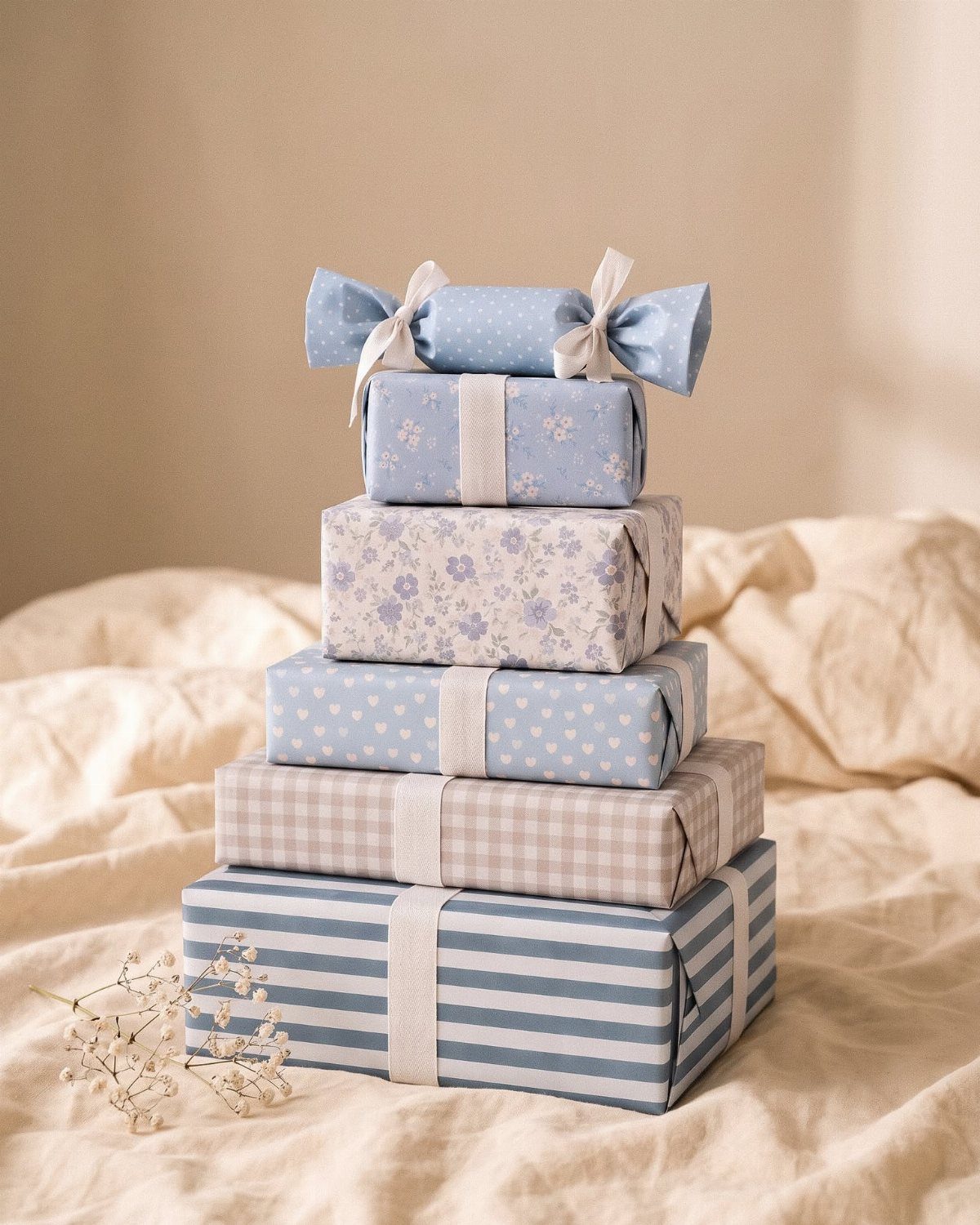 Stacked blue and white wrapped gifts with ribbons on a beige fabric background