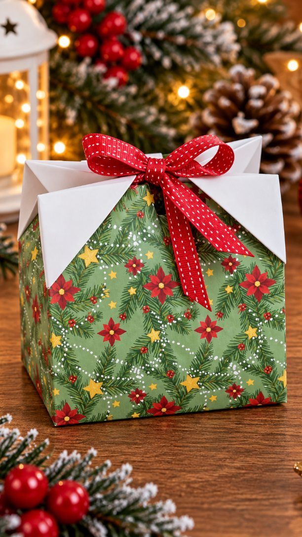 Wrapped gift with green floral paper and red polka-dot bow on wooden table