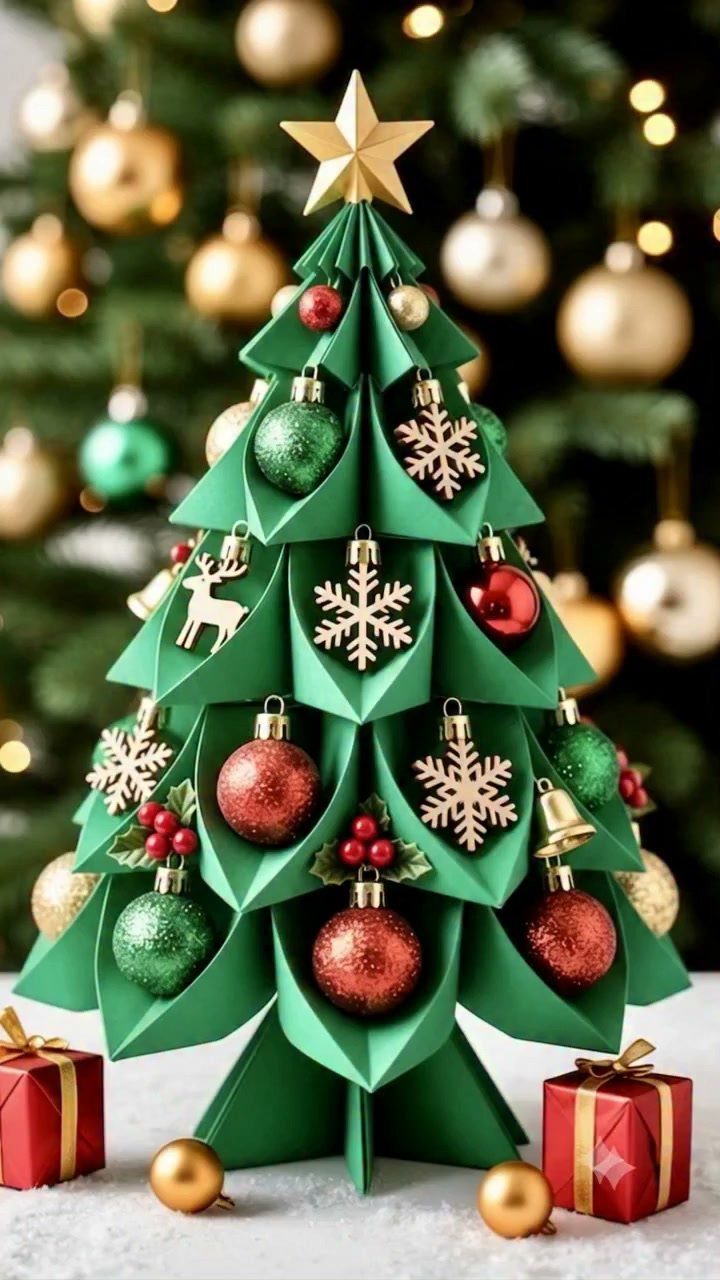 Green paper 3D Christmas tree decorated with colorful ornaments and a gold star.