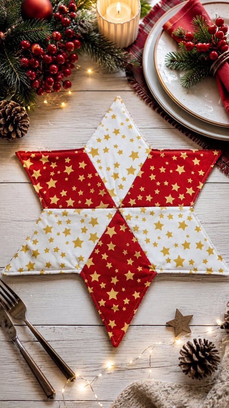 Star-shaped red and white fabric placemat with gold stars on a festive table.