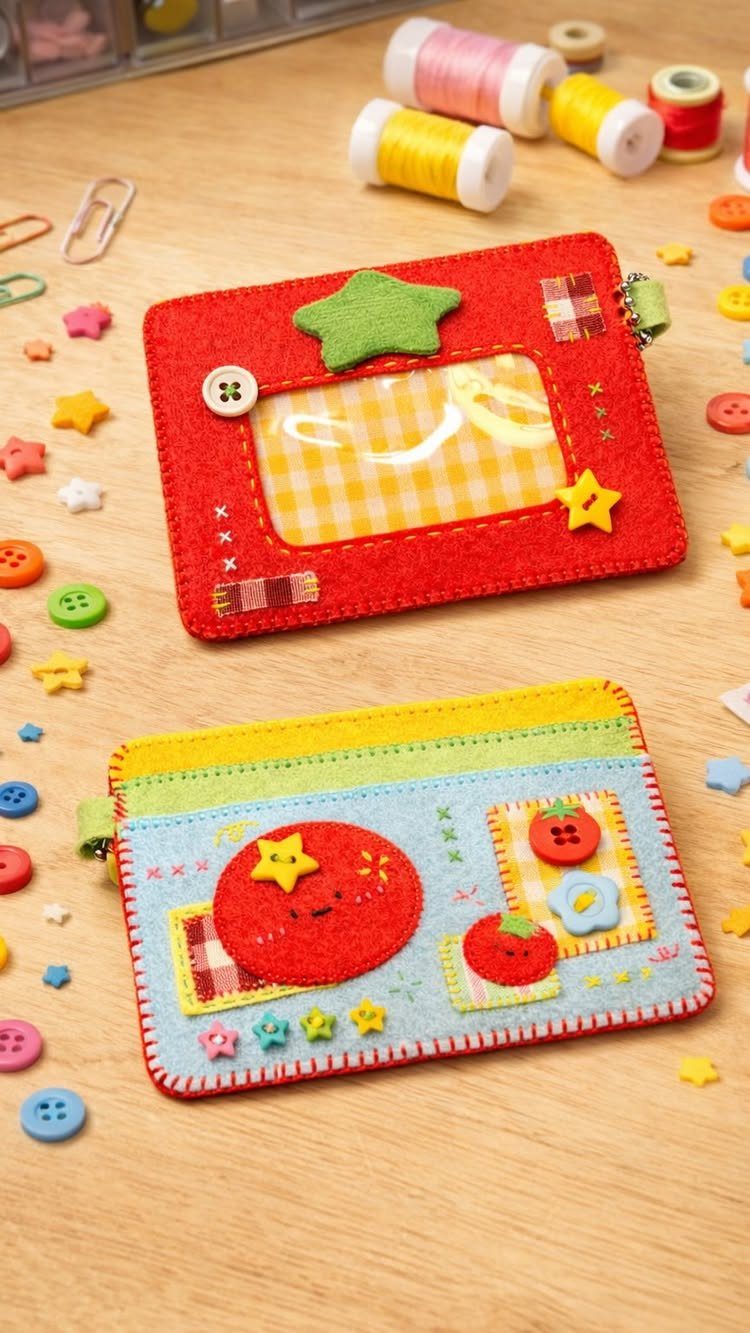 Two colorful handmade felt card pouches decorated with buttons and stars on wood.