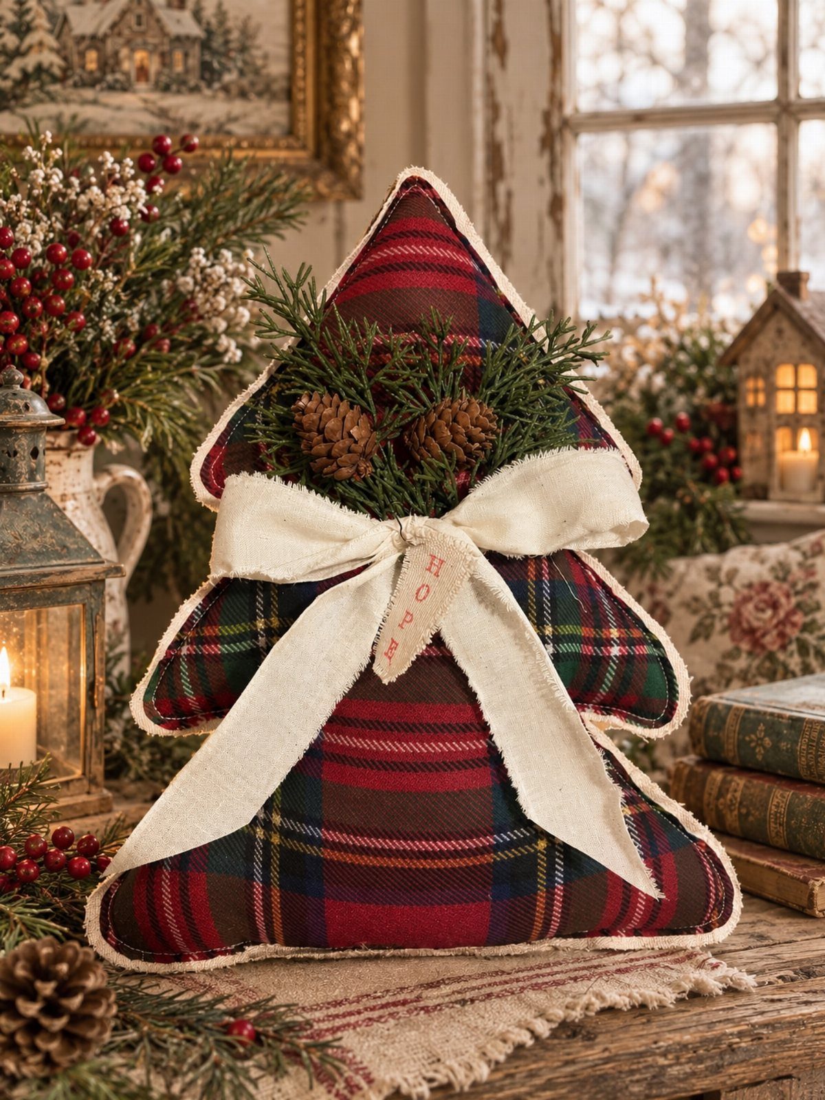 Tree-shaped plaid decorative pillow with a cream bow and pinecones in a cozy setting