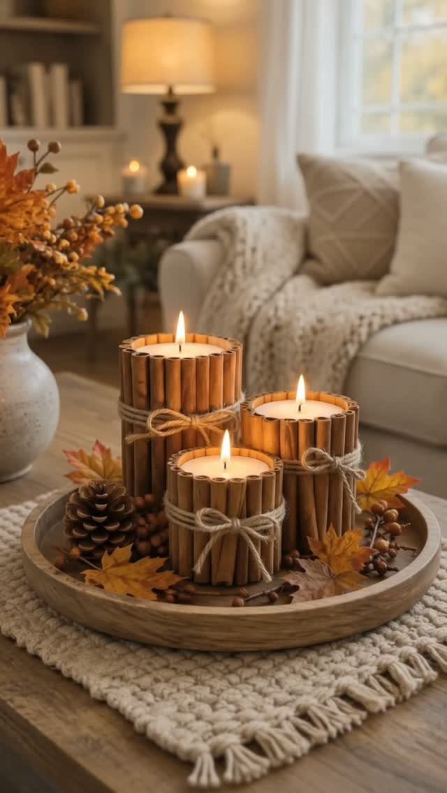Three cinnamon stick wrapped candles on a wooden tray with autumn leaves.
