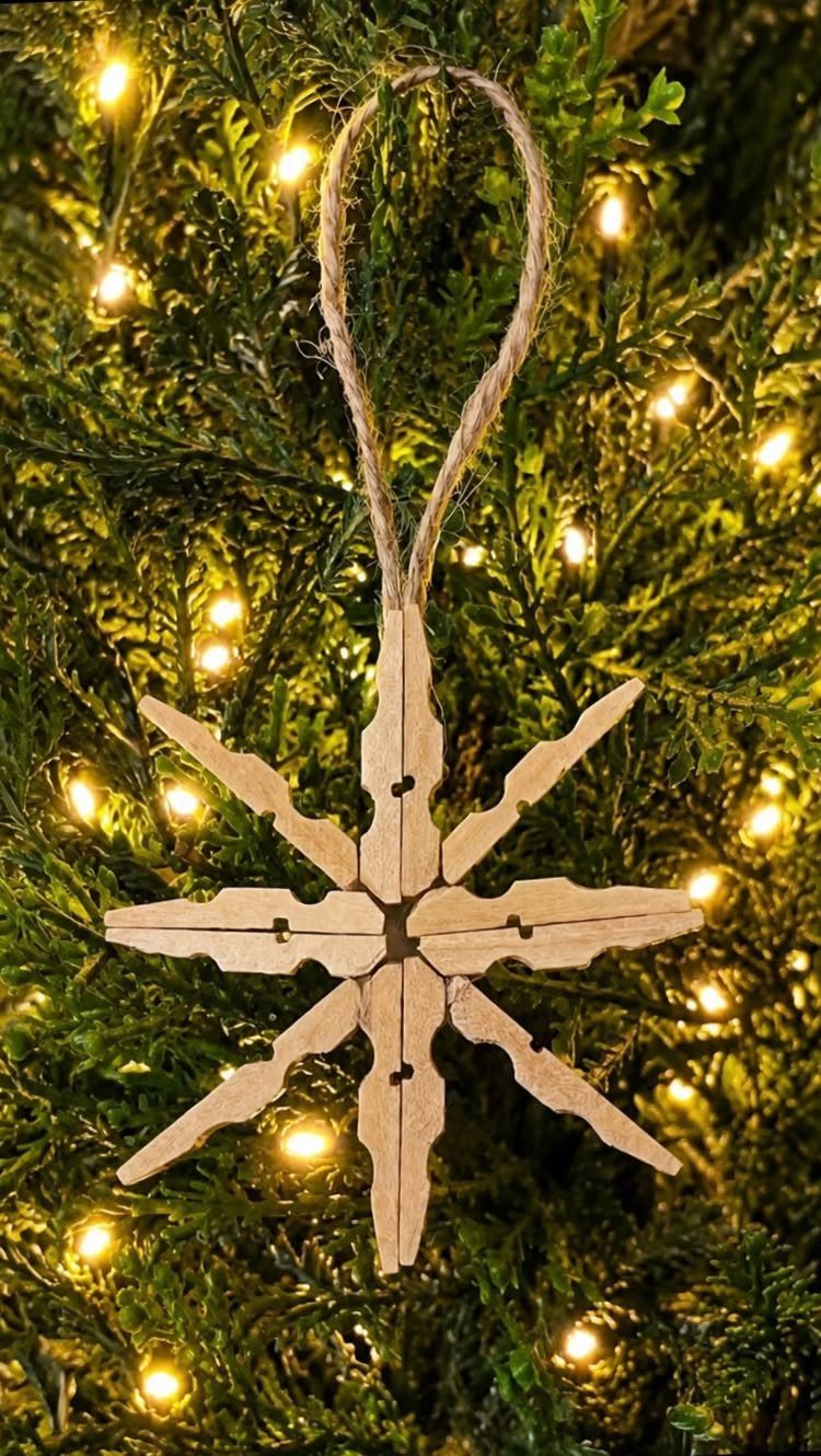 Wooden clothespin snowflake ornament hanging on a lit Christmas tree branch with twine.