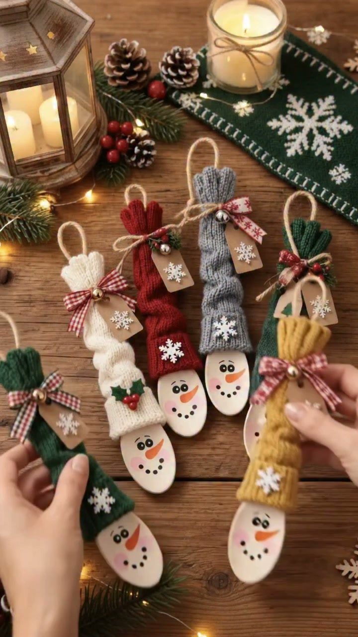 Handmade snowman ornaments made from wooden discs and colorful knitted socks on wood.