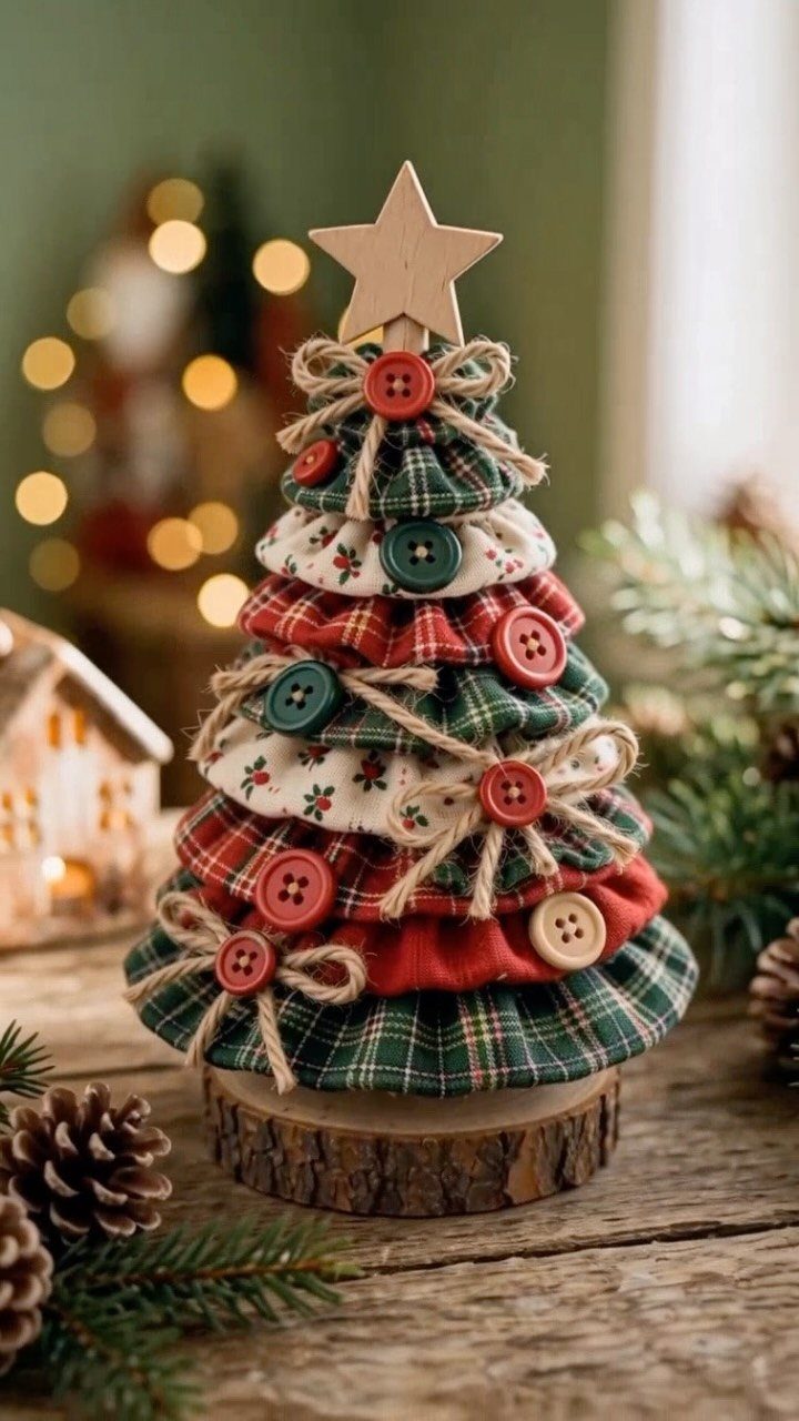 Fabric ruffle Christmas tree with buttons and a wooden star on wood base