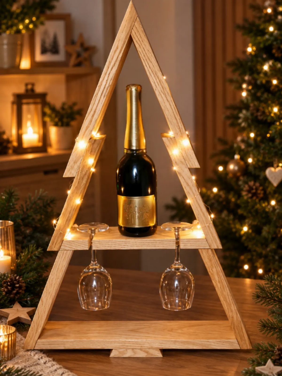 Wooden Christmas tree shaped shelf holding champagne and wine glasses with fairy lights