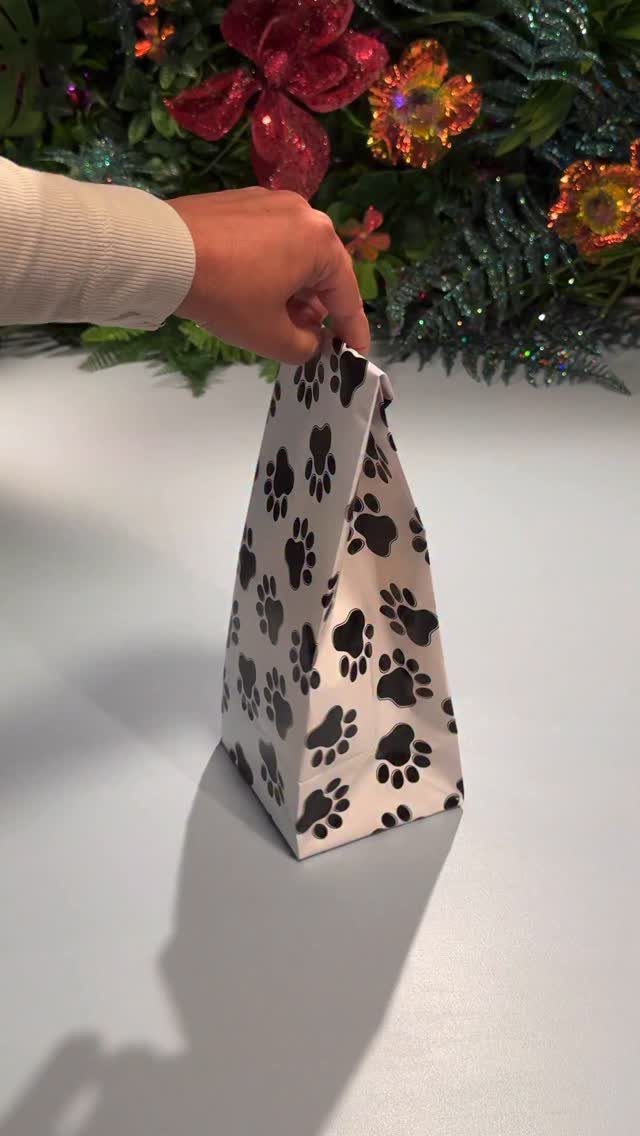 White paper gift bag with black paw prints held by a hand.