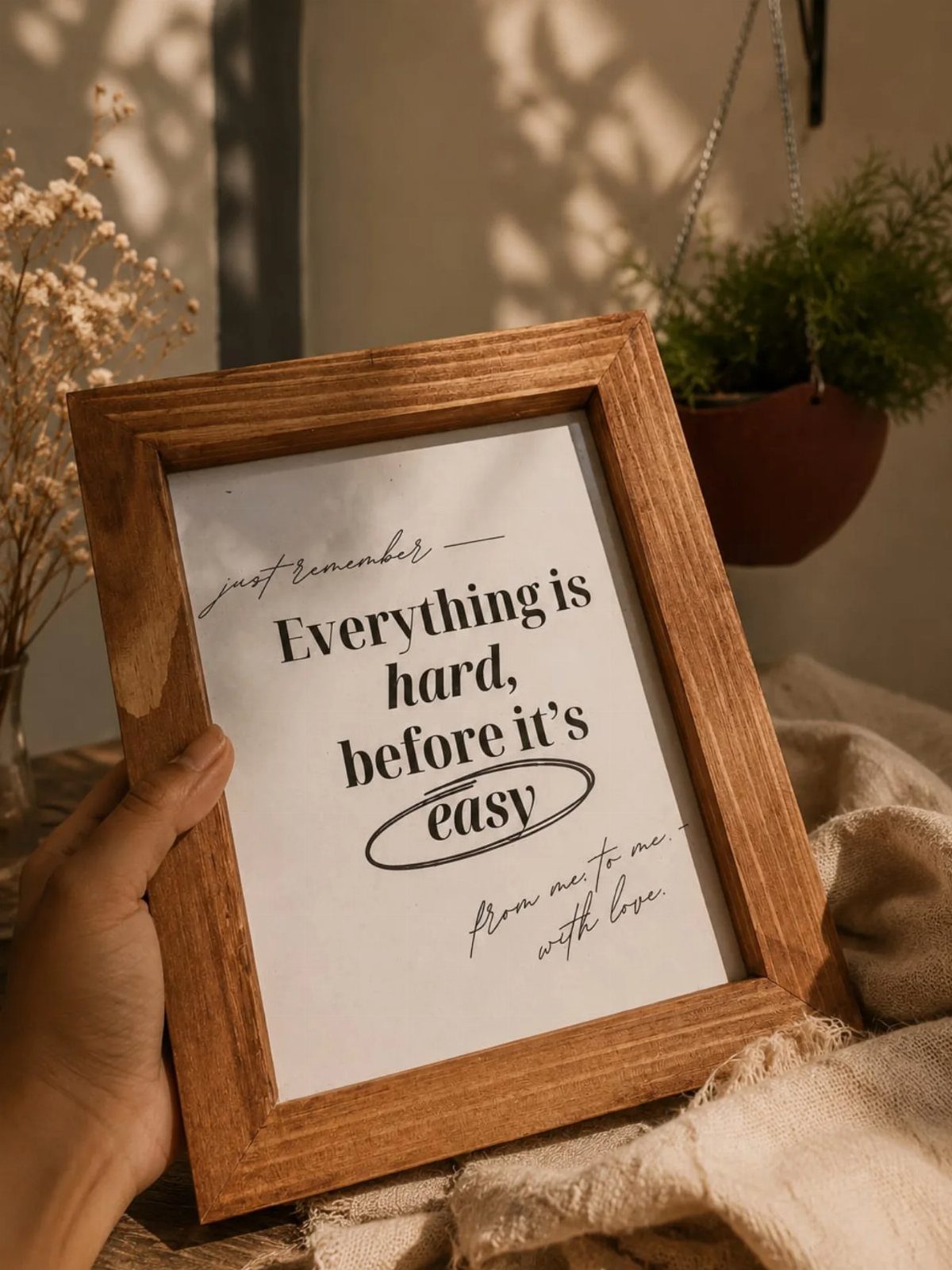 Wooden picture frame with a motivational quote held by a person's hand.
