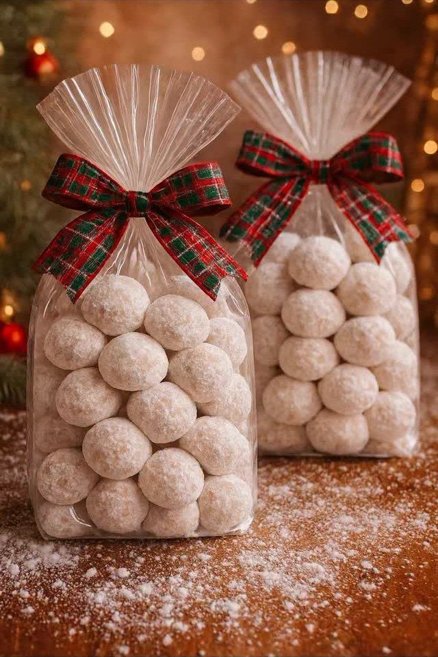 Powdered sugar cookies in clear bags tied with festive plaid ribbons on wood.