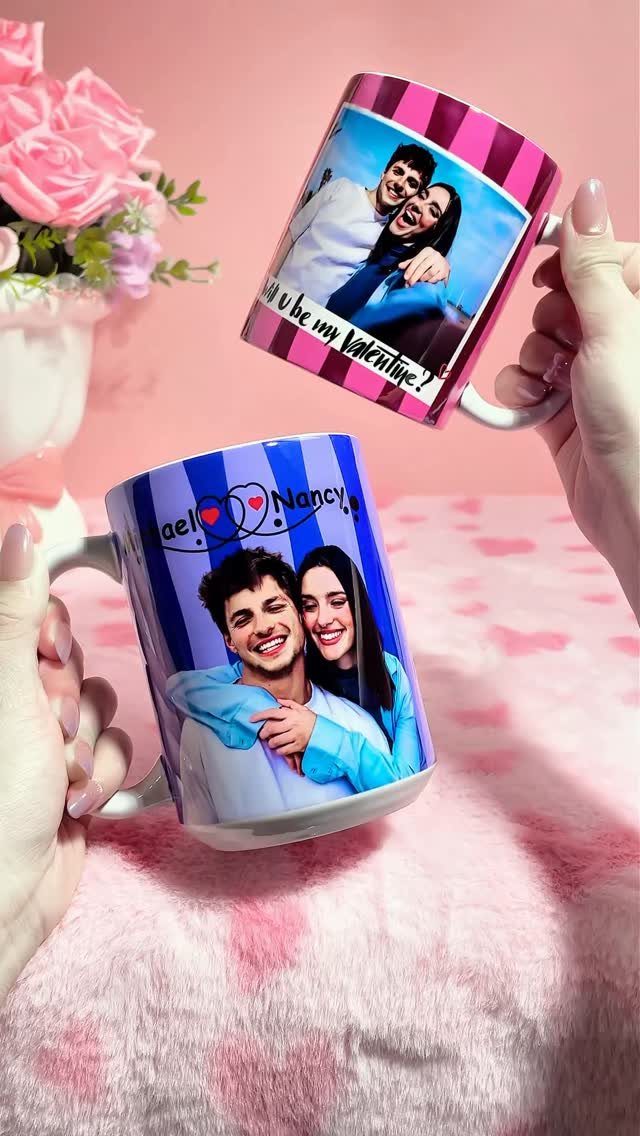 Two customized mugs featuring photos of a couple on pink and blue backgrounds.