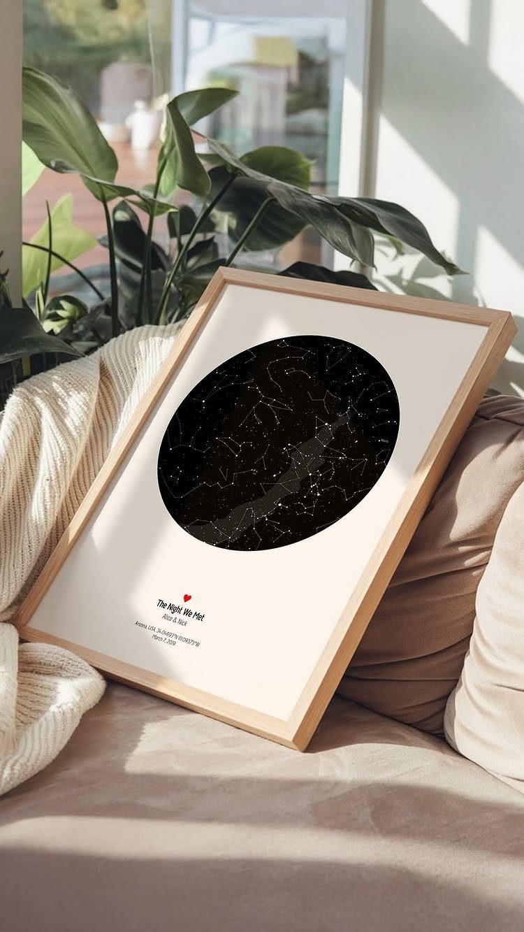 Framed star map print with constellations leaning against a pillow and blanket.