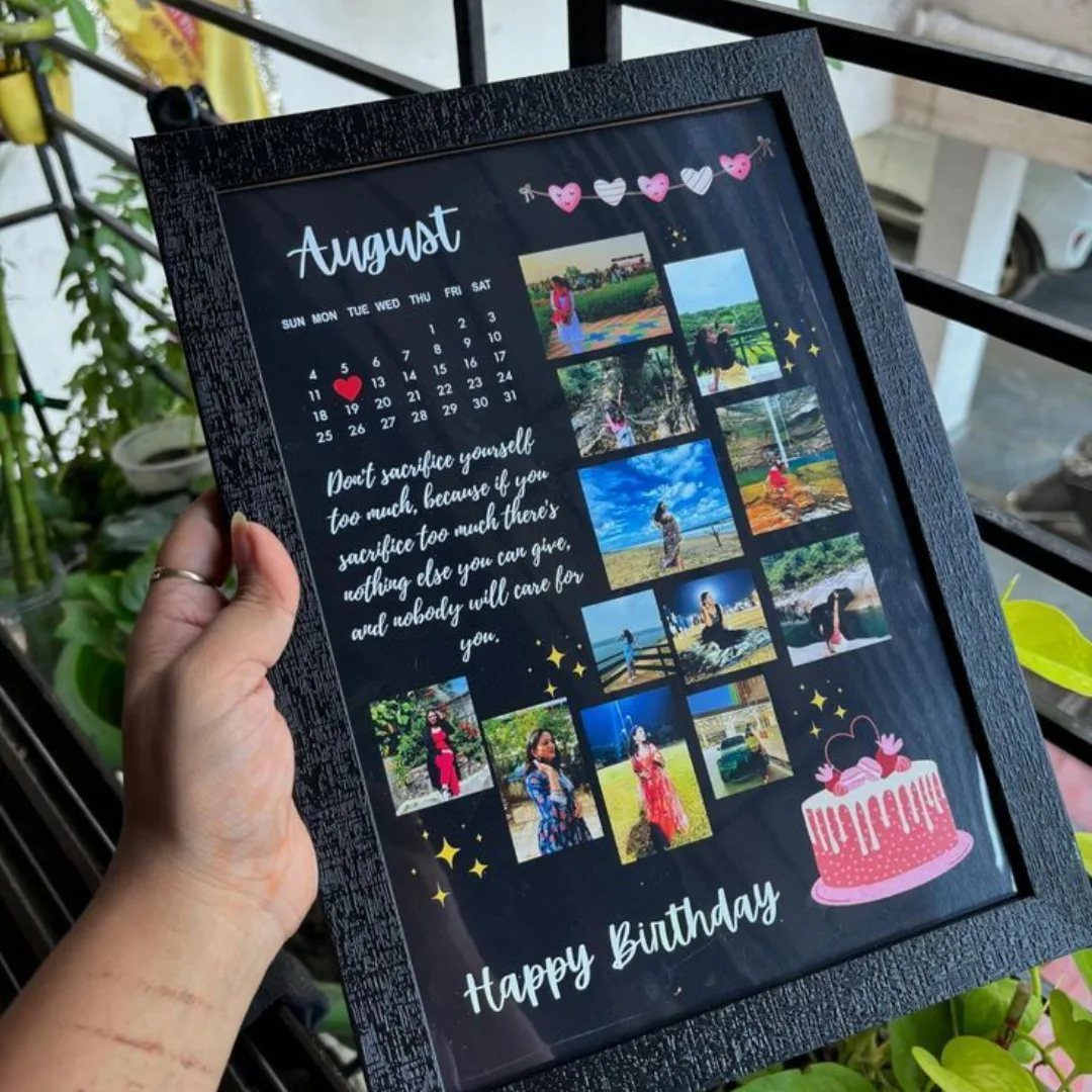 Black photo frame containing a birthday collage with photos, calendar, and cake illustration.
