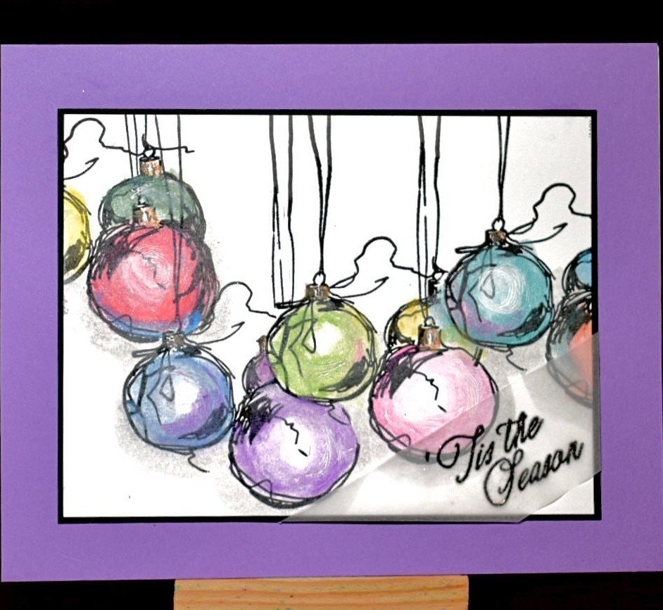 Handmade Christmas card with colorful sketched ornaments and 'Tis the Season' text.