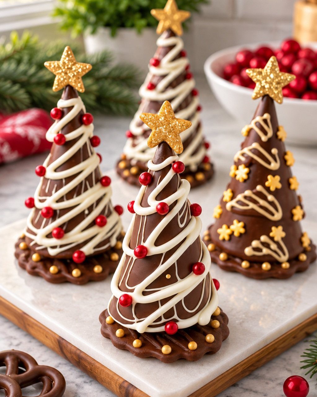 Chocolate cone treats decorated as Christmas trees with white icing and gold stars.