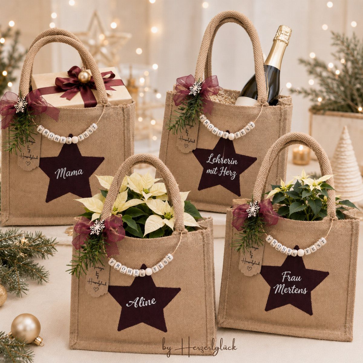 Burlap tote bags with personalized stars containing champagne and poinsettias for Christmas gifts.