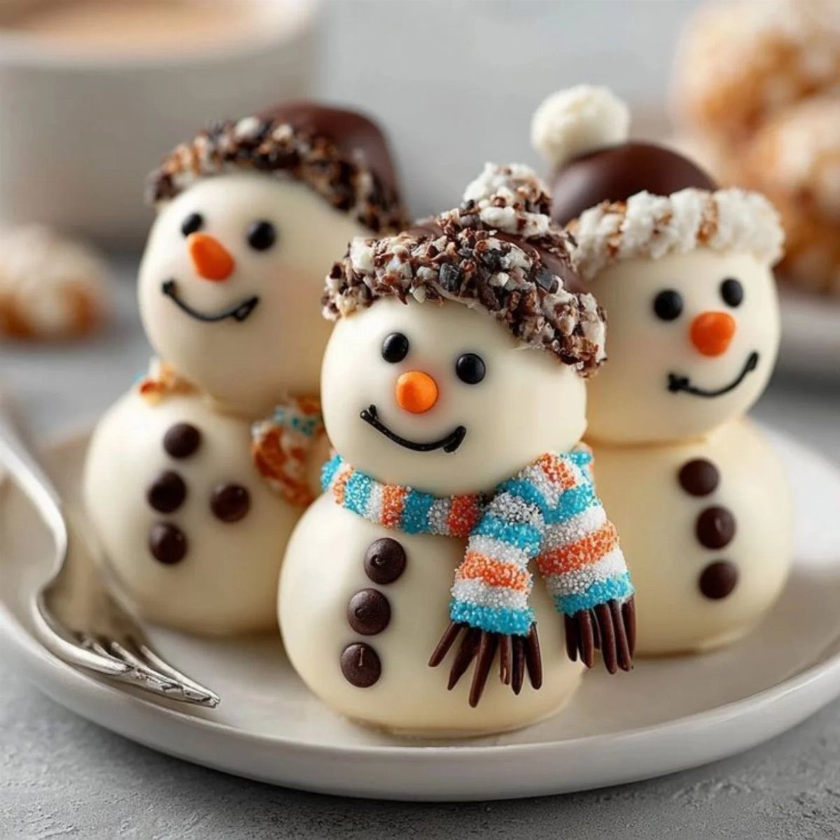 Three white chocolate snowman treats with colorful scarves and hats on a plate.
