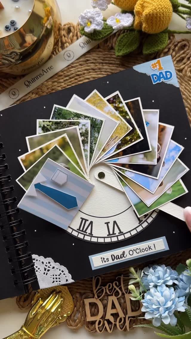 Black scrapbook page with photos arranged like a clock for Father's Day.