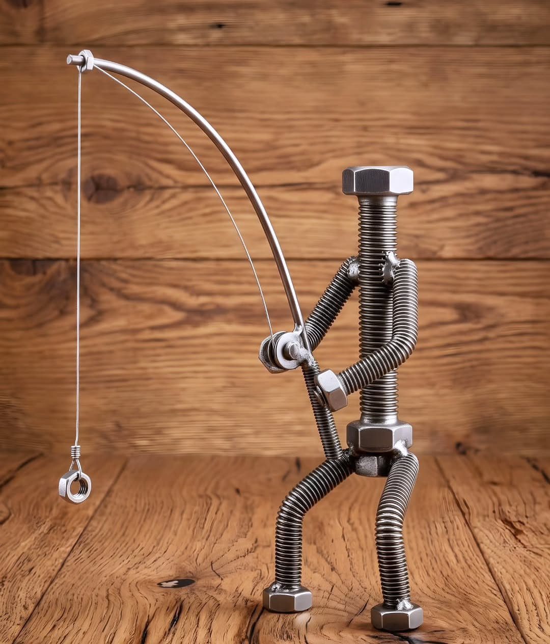 Metal fisherman figurine made of bolts and springs holding a fishing rod.