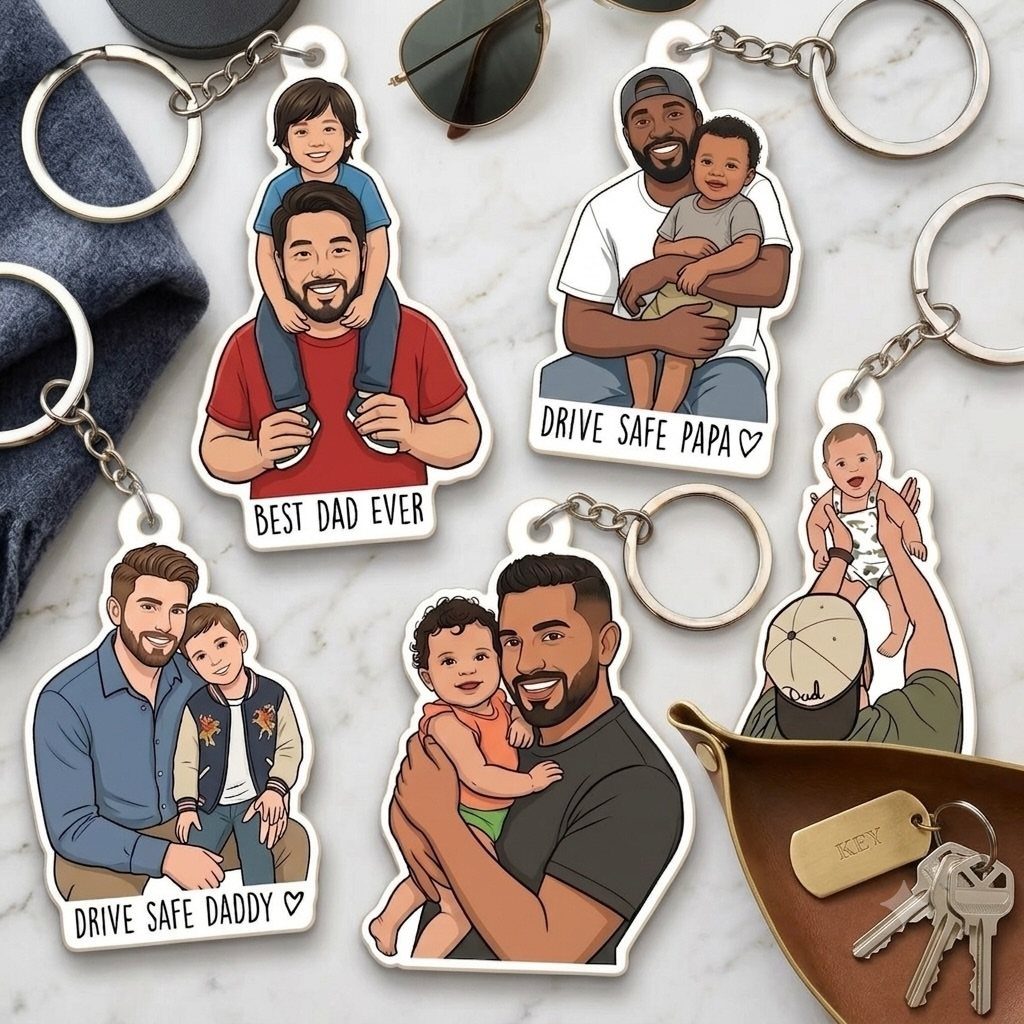 Custom illustrated acrylic keychains of fathers and children on a marble surface.