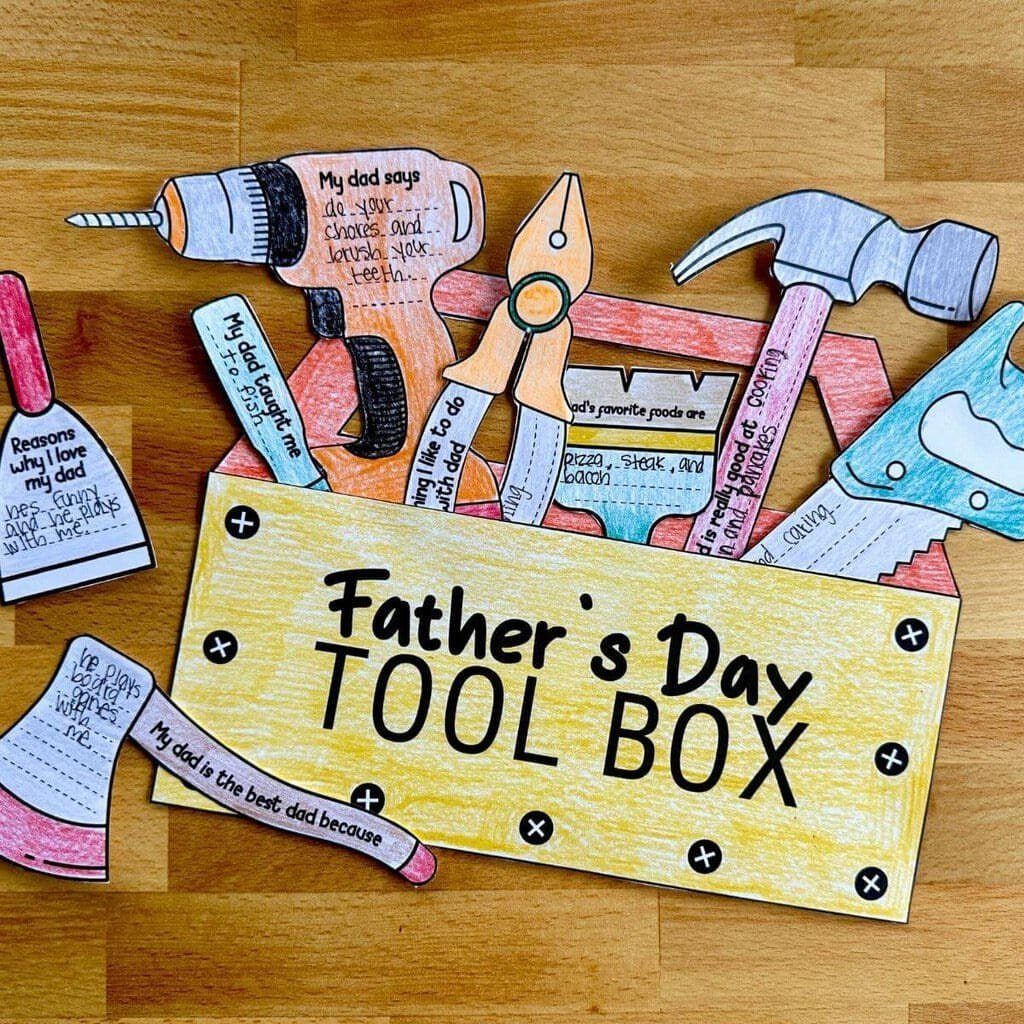 Handmade paper tool box with tool-shaped notes of appreciation for Father's Day.