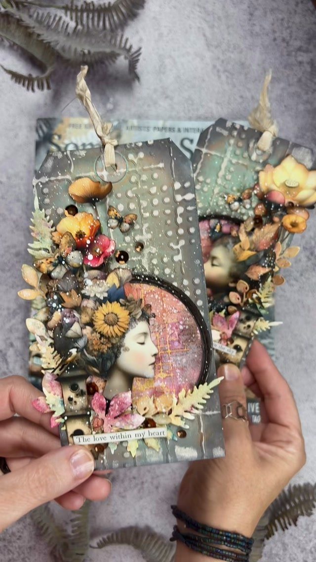 Ornate mixed-media gift tags with magazine cutouts of a woman and flowers.