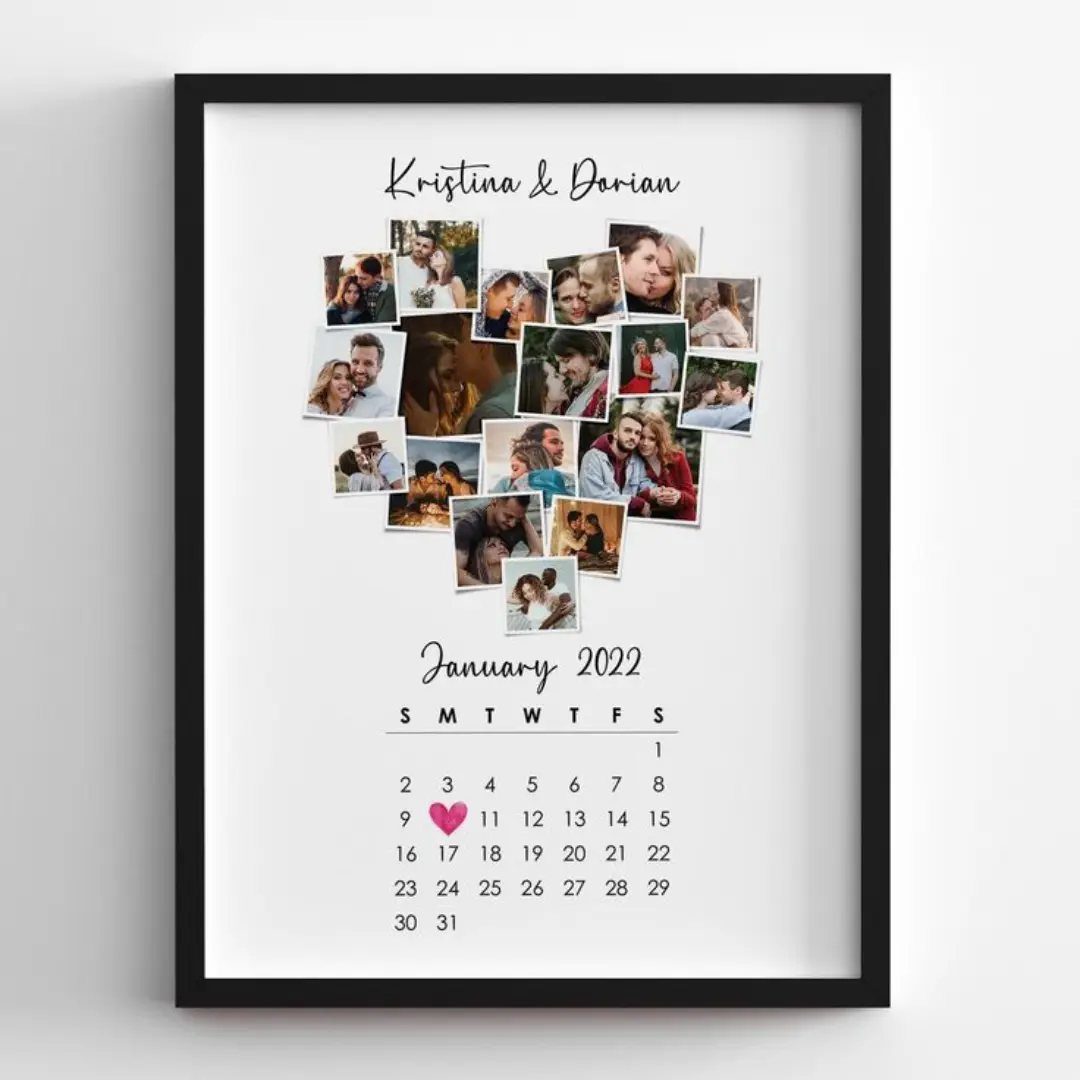 Black framed personalized poster with heart-shaped photo collage and a monthly calendar.