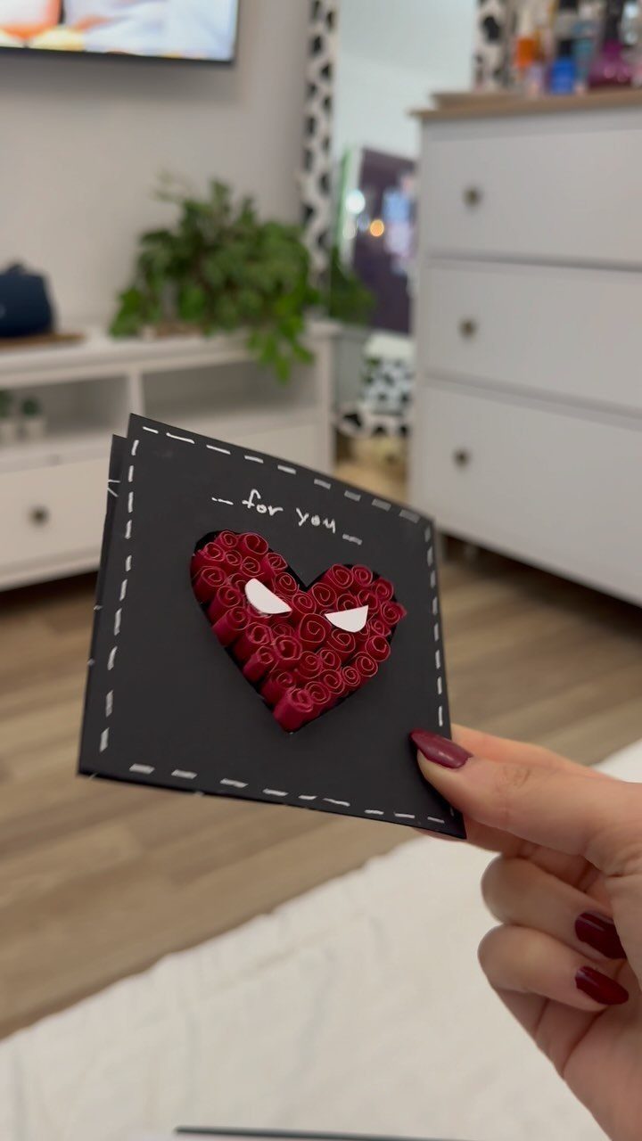 Handmade black card with a 3D red rose heart and for you text