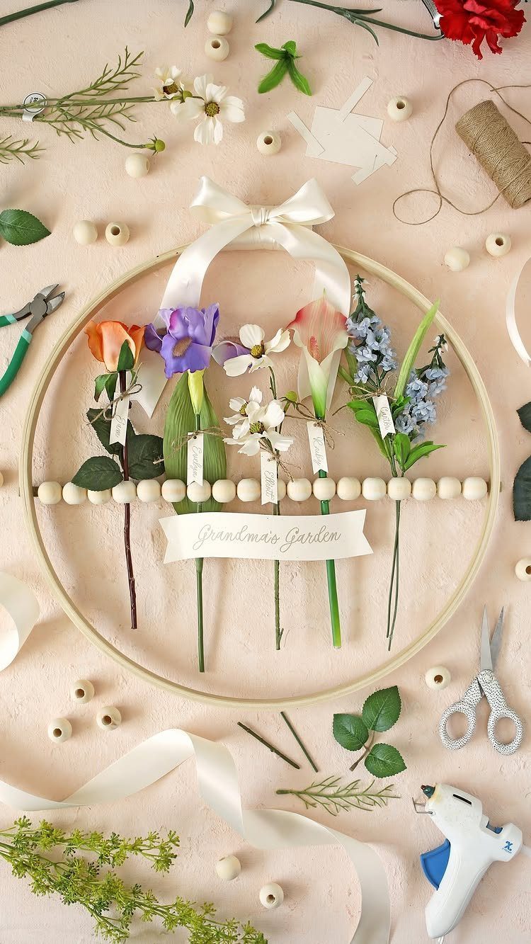 Circular wooden flower wreath with a Grandma's Garden banner and craft supplies around it.